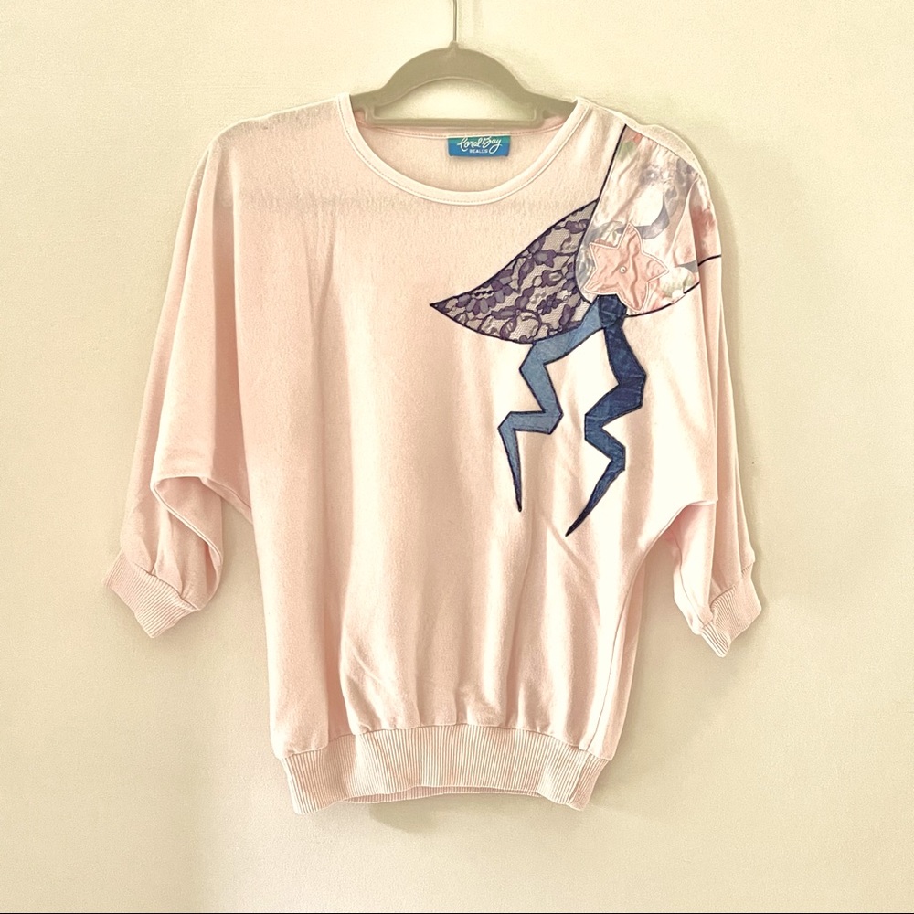 80s 90s Y2K Pink shirt with dolman sleeves & patchwork appliqué True Vintage - Picture 2 of 10